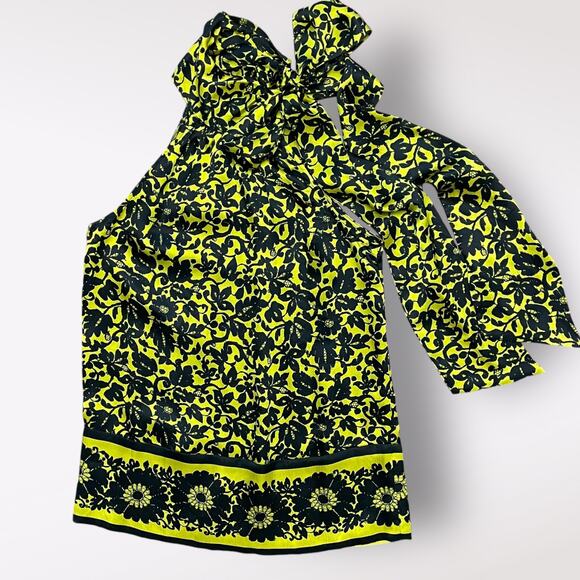 Diane von Furstenberg VTG Silk Halter Top Yellow Black Floral Tie Neck Size 2 - Picture 1 of 6